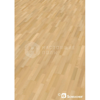 Паркетная доска Scheucher Parkett Woodflor 182 3-stripe 08919 Бук Натур пропаренный полуматовый лак трехполосный, 2200*182*14 мм